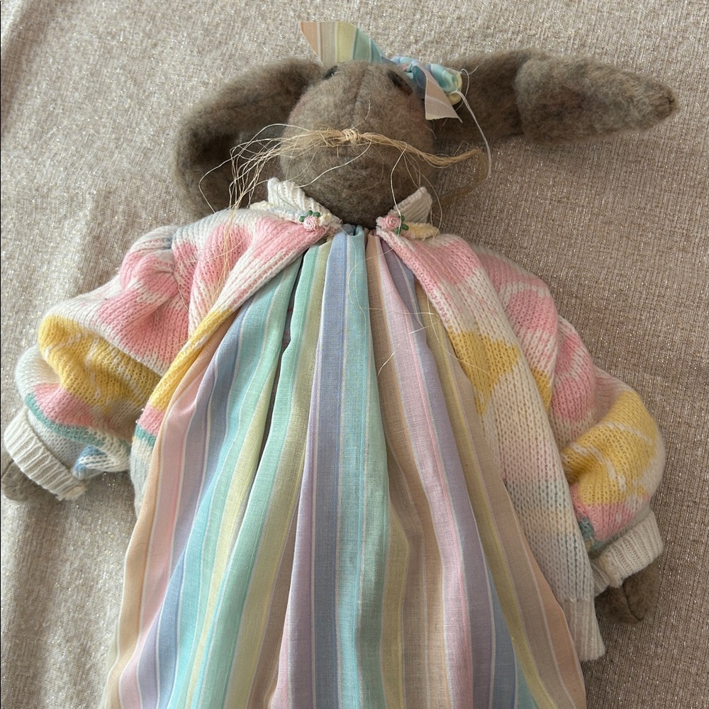 Vintage Hand Crafted Wool Bunny Pastel Dress with Sweater Decoration Handmade - Picture 8 of 8
